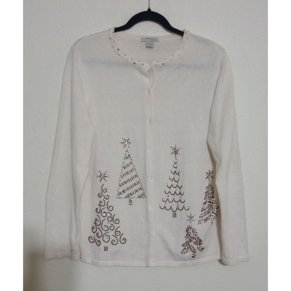 Mercer Street Studio XL Cream Beaded Christmas Tree Holiday Cardigan Sweater